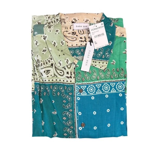 Raga Mens Green Bandanna Print Long Sleeve Collared Button Up Shirt Sz XL New - Picture 3 of 9